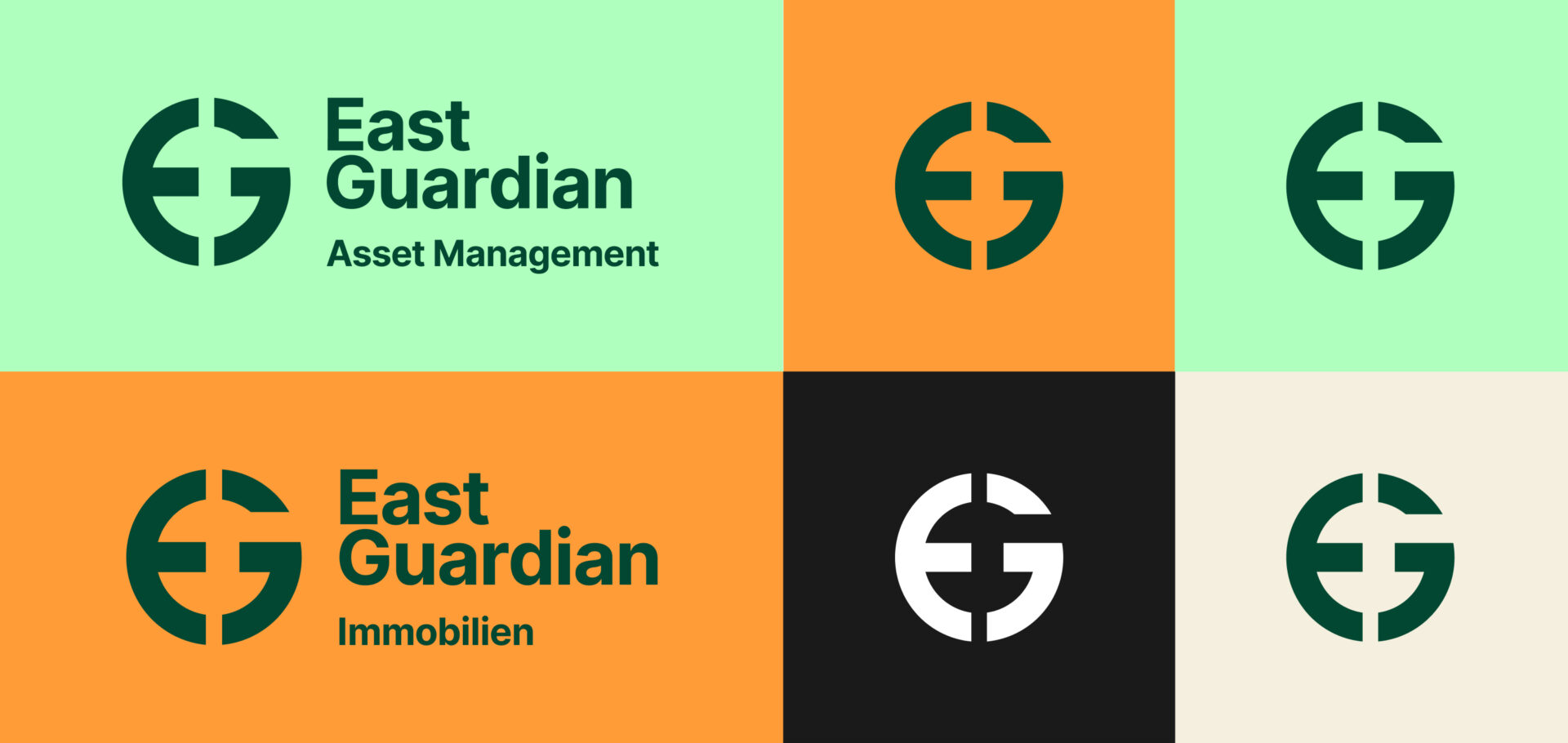 The logos for East Guardian Asset Management and East Guardian Immobilien share the same symbol and font but using different brand colors.