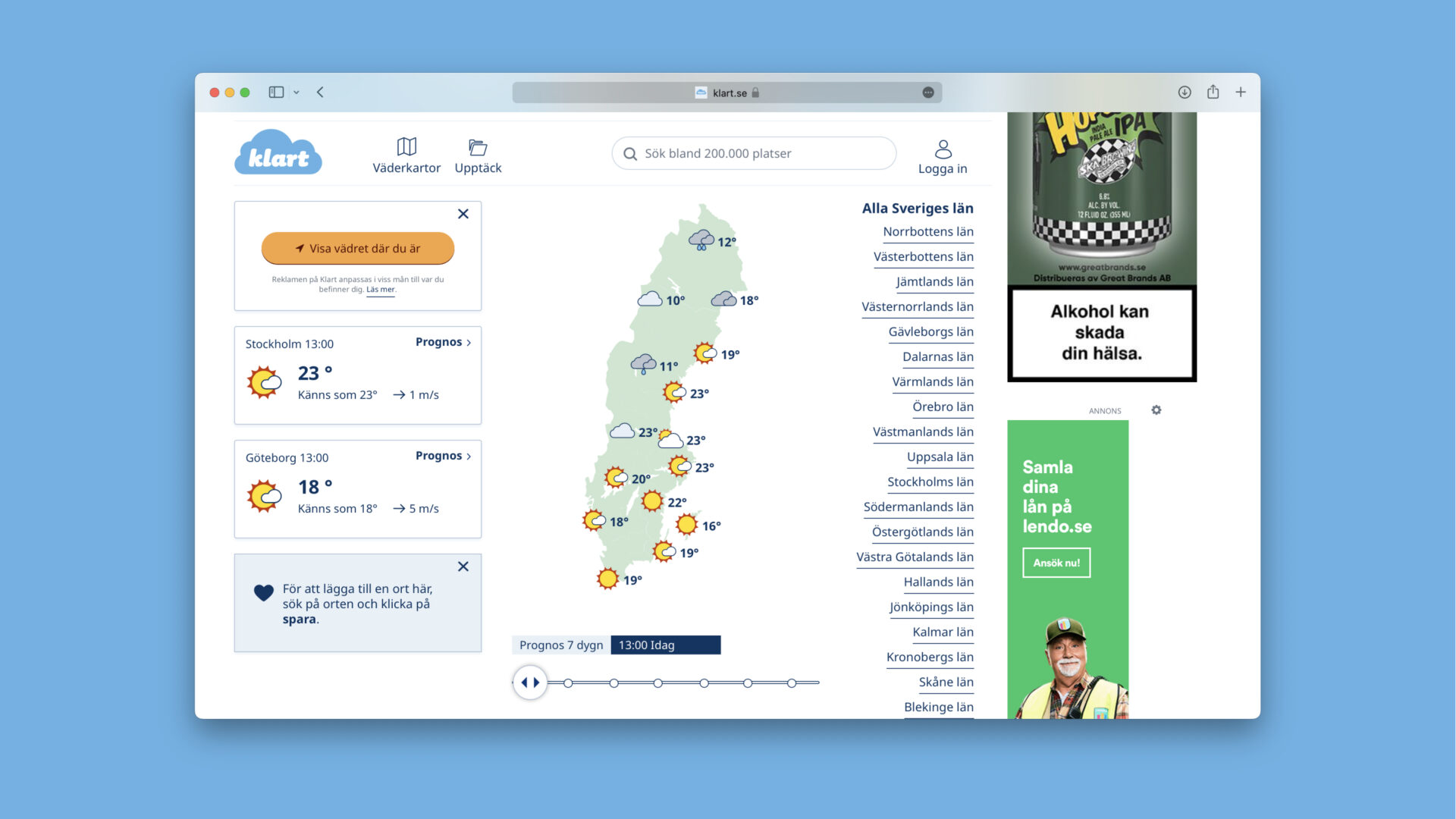 The home page of Klart.se with a map of Sweden