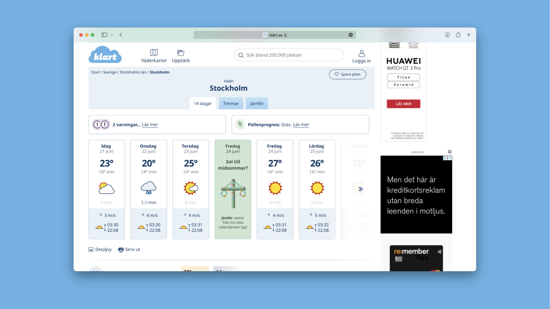 The weather forecast for midsummer on Klart.se