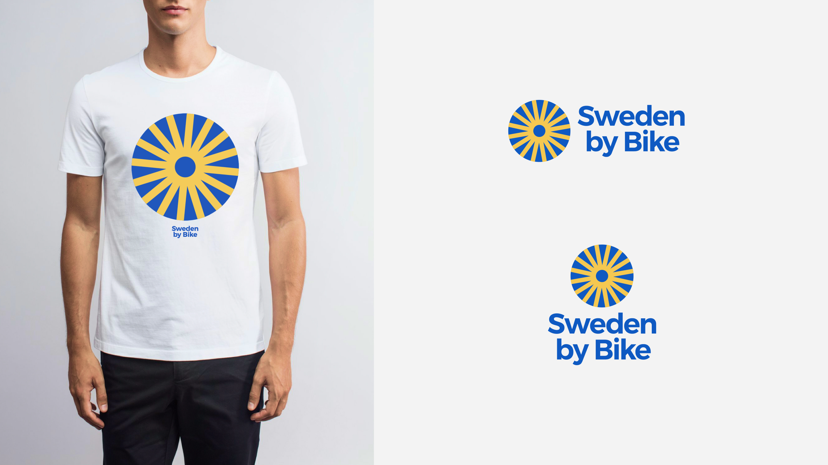The graphic symbol of Sweden by Bike is central to the identity. Combining the spokes of a bicycle wheel with the Swedish flag.